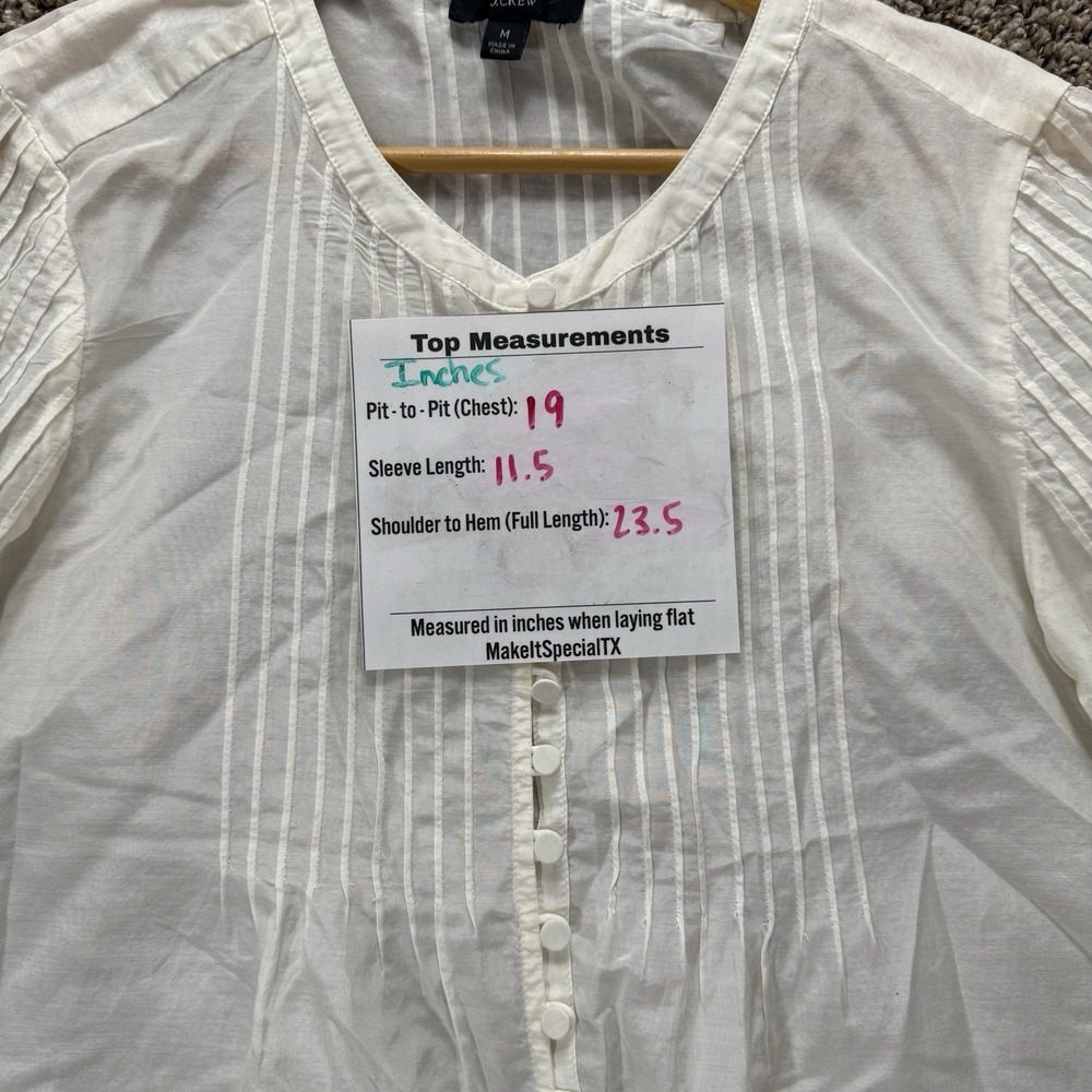 J. Crew White / Ivory Pintuck Blouse Cotton Silk Button Front Puff Sleeve Boho M - Picture 10 of 11